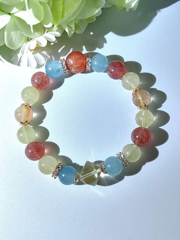 牡牛座アクアマリン+黄水晶+いちご晶+金髪晶手串+天珠金太陽