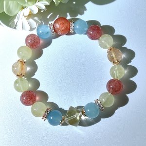 牡牛座アクアマリン+黄水晶+いちご晶+金髪晶手串+天珠金太陽