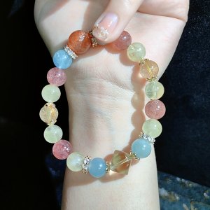 牡牛座アクアマリン+黄水晶+いちご晶+金髪晶手串+天珠金太陽