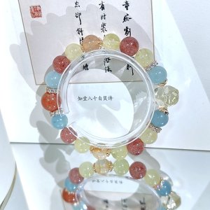 牡牛座アクアマリン+黄水晶+いちご晶+金髪晶手串+天珠金太陽