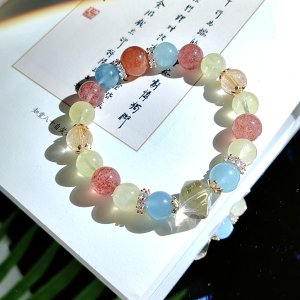 牡牛座アクアマリン+黄水晶+いちご晶+金髪晶手串+天珠金太陽