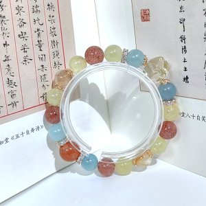 牡牛座アクアマリン+黄水晶+いちご晶+金髪晶手串+天珠金太陽