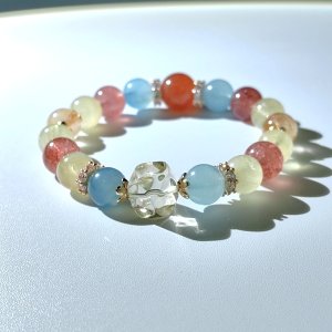 牡牛座アクアマリン+黄水晶+いちご晶+金髪晶手串+天珠金太陽