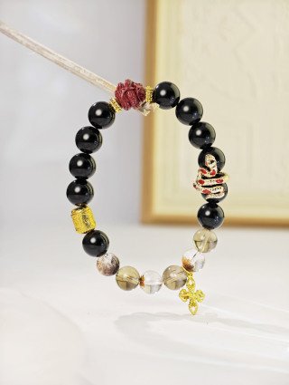 十二支【蛇】黒曜石+幽霊+茶晶